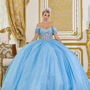 New Bahama Blue Quinceanera Gown w/ Oversized Back Bow & Lace Up Back DQ 5139